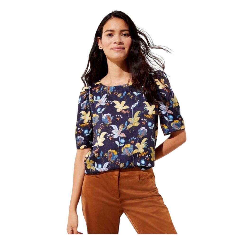 LOFT Women’s navy and marigold floral blouse w puffer sleeve Size LP